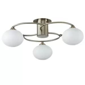 Contemporary Multi Arm Semi Flush Ceiling 3 Light Antique Brass, Glass