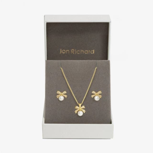 Jon Richard Gold Plated Cubic Zirconia And Pearl Bow Set - Gift Boxed Gold