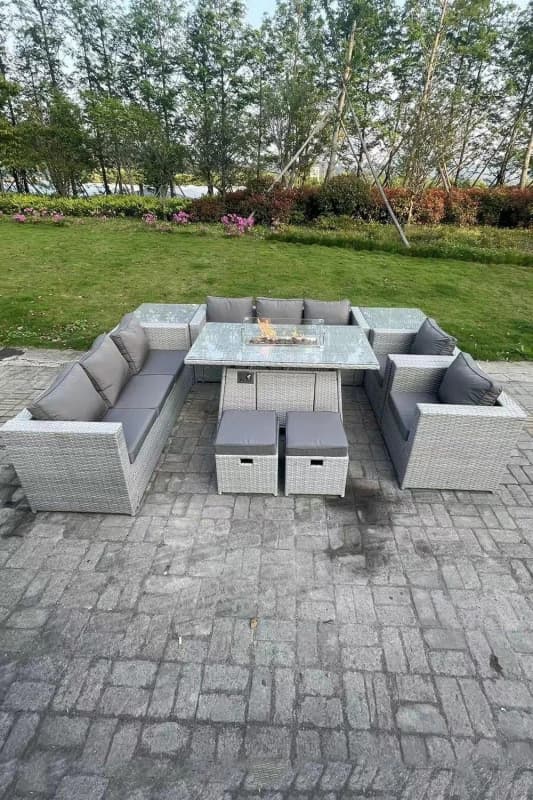 Fimous Rattan Fire Pit Garden Furniture Gas Heater Burner Lounge Sofa Dining Set Coffee Table Chairs Stool Light Grey