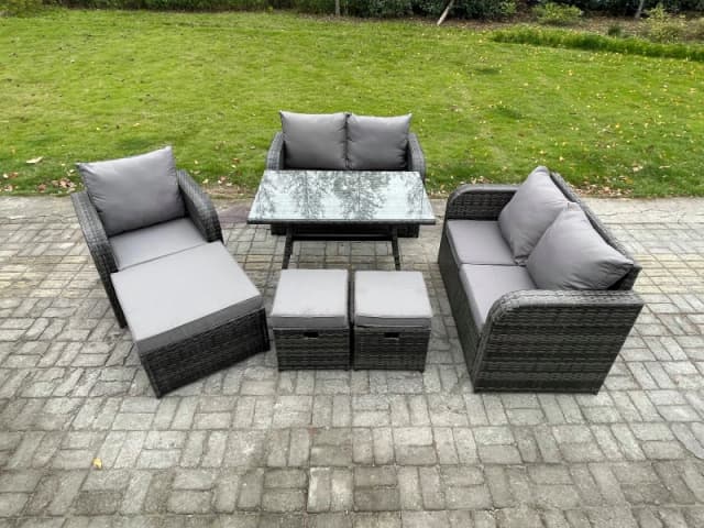 Fimous 8 Seater Outdoor Garden Dining Sets Rattan Furniture With Dining Table Armchairs Love Sofa 3 Footstools Dark Grey Mixed Dark Grey