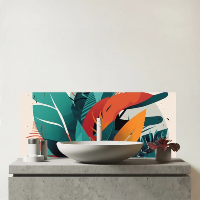 Warren Reed - Designer Green Orange Tropical Leaves Glass Bathroom Splashback Green Unisex