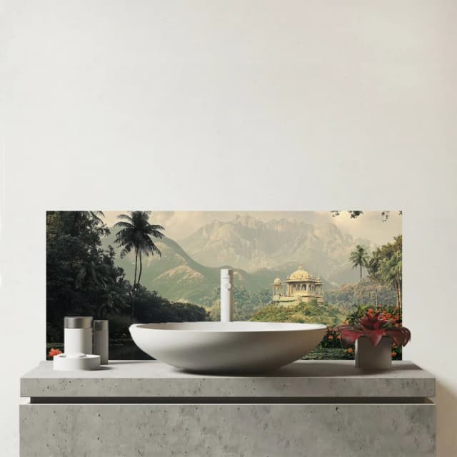 Warren Reed - Designer Temple By A Lake With Lilies Glass Bathroom Splashback Multicolor Unisex