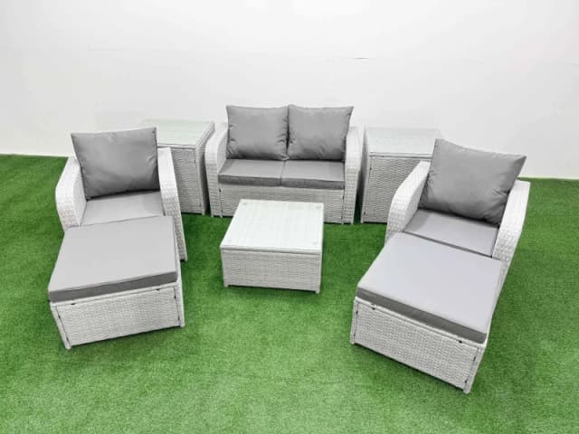 Fimous Light Grey PE Wicker Rattan Garden Furniture Set Sofa Set Reclining Adjustable Chair Square Coffee Table 6 Seater 2 Big Stools 2 Side Table Lig