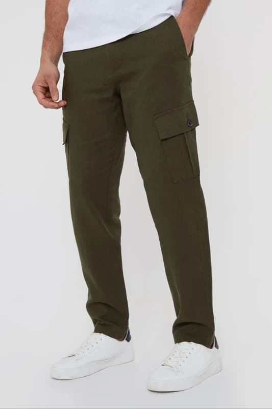 Threadbare Mens 'Ramsay' Linen Blend Cargo Trousers in Khaki Size: 32R Khaki Male 32R