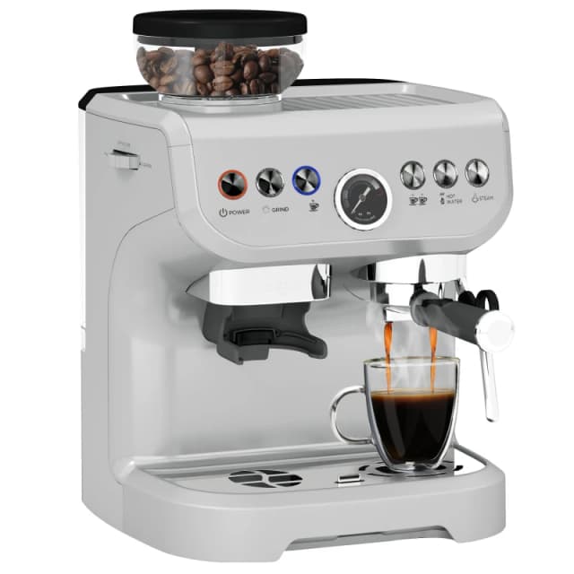 HOMCOM Espresso Machine, Bean Grinder & Steam Wand, 15 Bar Pressure, Silver., Silver 800-197V70SR