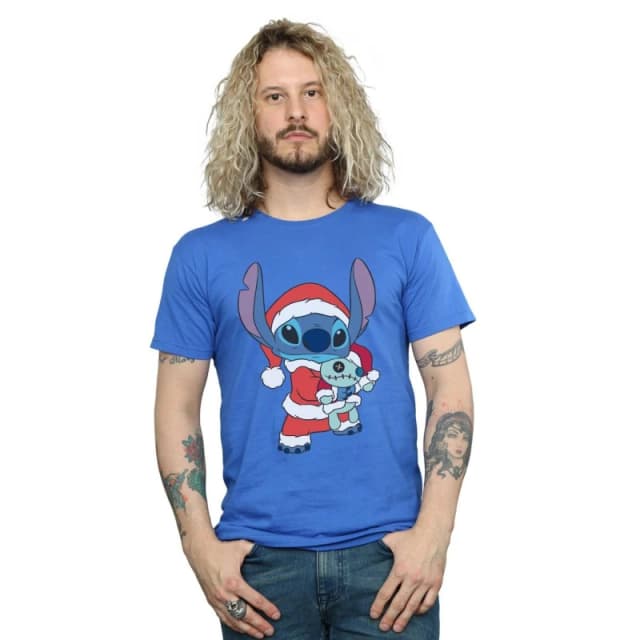 Disney Men Lilo And Stitch Stitch Christmas T-Shirt in Blue Size: Small Blue S Male 5059400307733