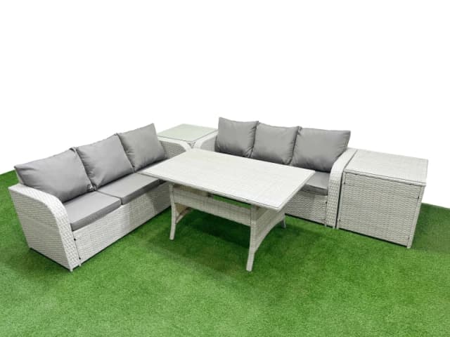 Fimous Outdoor Garden Furniture Sets 6 Seater Wicker Rattan Furniture Sofa Sets with Rectangular Dining Table high Back Lounge Sofa 2 Side Table Light