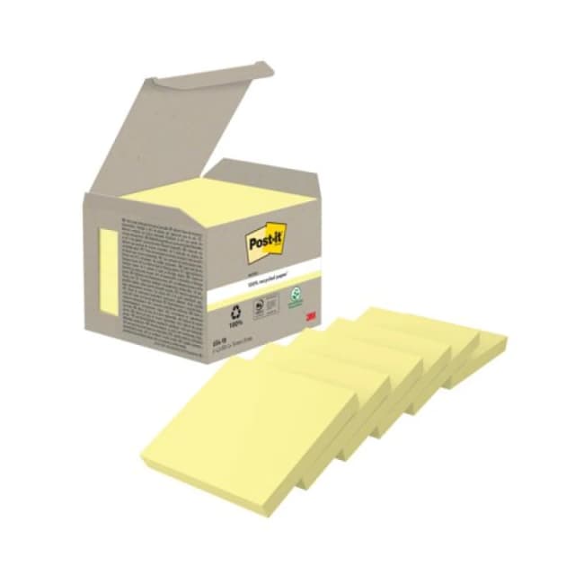 Post-It Recycled Notes 100 Sheets 76x76mm Canary Yellow Pack of 6 3M72313