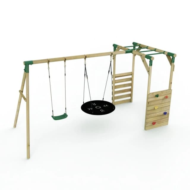 Rebo Wooden Double Swing Set with Climbing Wall and Monkey Bars - Meteorite Green Green