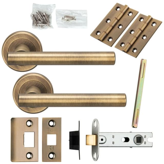 Loops Door Handle & Latch Pack Antique Brass Round T Bar Lever Screwless Round Rose Metallics