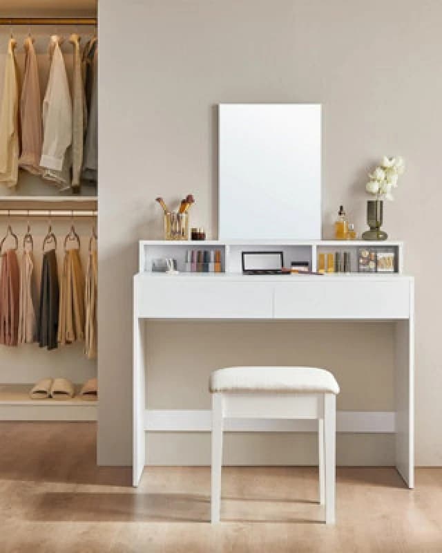 Songmics Vasagle Dressing Table With Large Mirror, Vanity Table With 2 Drawers And 3 Compartments, Makeup Table, Modern, White