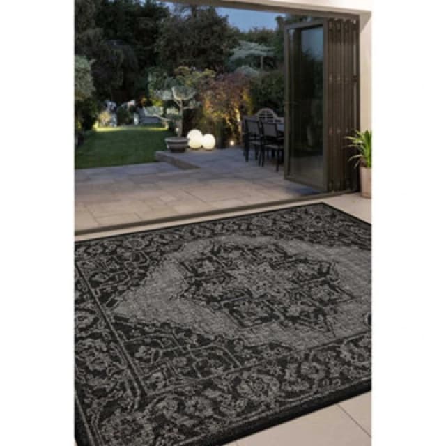 Melrose County Sisal Inspired Traditional Medallion Black Non-Slip Area Rug 060/110Cm