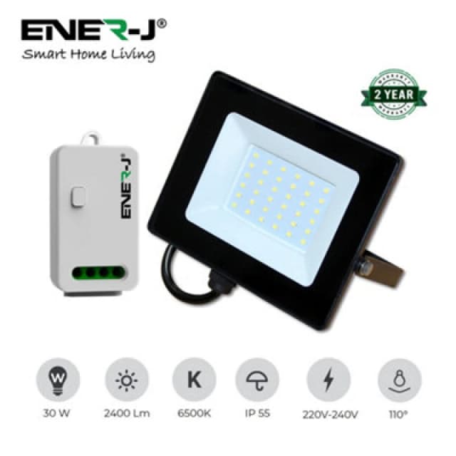 Ener-J 30W LED Floodlight Pre Wired With 500W Rf Receiver + 1 Gang Wireless Kinetic Switch (White Body)