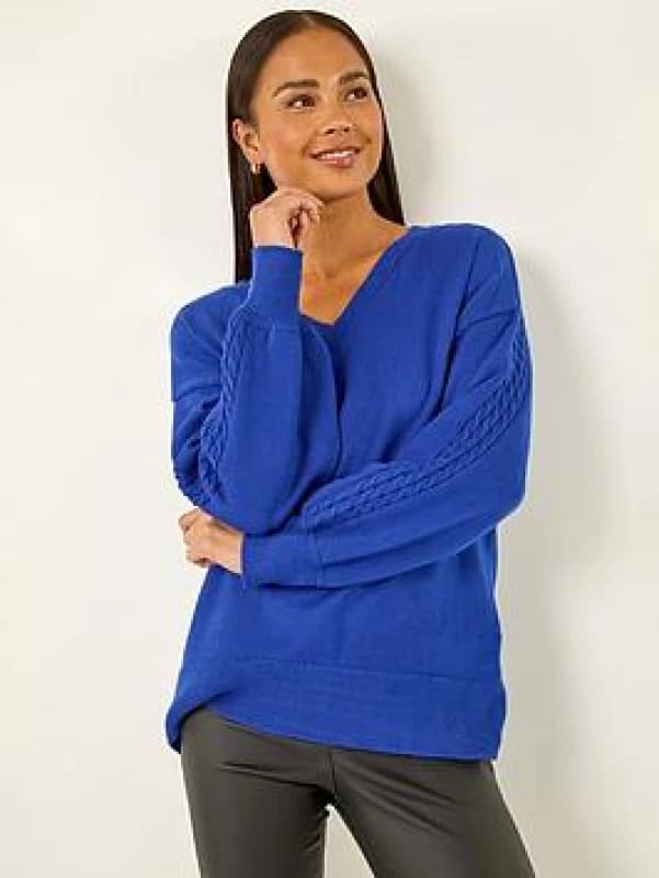Roman Womens Petite Contrast Sleeve Knit Jumper in Royal Size: 8 Royal Female 8