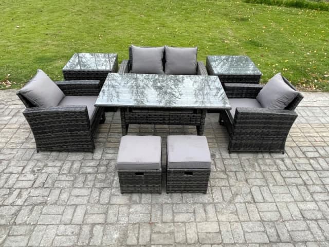 Fimous 6 Seater PE Wicker Outdoor Garden Furniture Set Patio Furniture Rattan Rectangular Dining Table Lounge Sofa in Dark Grey Dark Grey Unisex