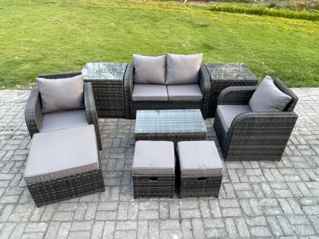 Fimous Wicker PE Rattan Outdoor Furniture Set Garden Love Sofa Coffee Table 2 Armchair 3 Footstools 2 Side Tables Dark Grey