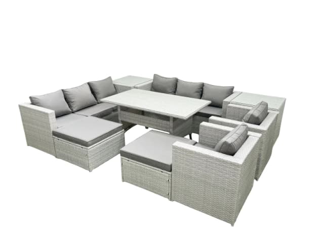 Fimous Rattan Garden Furniture Set Outdoor 8 Seater Patio Dinin g Sofa Sets with Dining Table 2 Chairs 2 Side Tables 2 Big Footstools Light Grey Mixed
