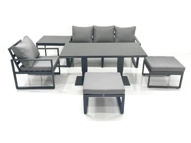 Fimous 6 Seater Garden Sofa Set Aluminium Furniture Rising Dining Tabe Set with Chair 2 Big Footstool Side Table Dark Grey Dark Grey Unisex