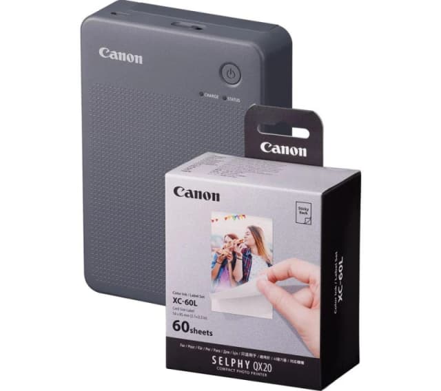 Canon SELPHY QX20 Portable Colour Photo Wireless Printer & XC-60L 54 x 85mm Photo Paper & Ink Set - Dark Grey, 60 Sheets, Silver/Grey 5055189045668