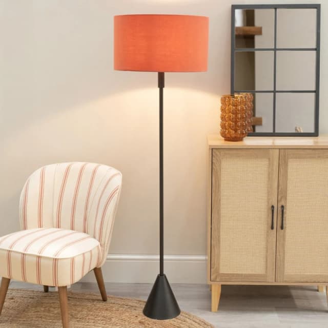 ValueLights ValueLights Mitch Fabric Drum Shade Black Wood Single Stem Triangle Floor Lamp in Burnt Orange Burnt Orange One Size Unisex 5059406064623
