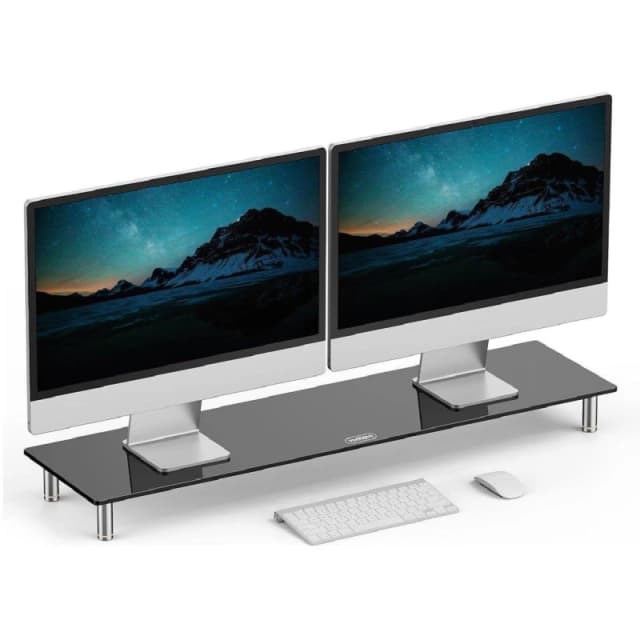 VonHaus Height Adjustable Black Glass Dual Monitor Screen Riser Black