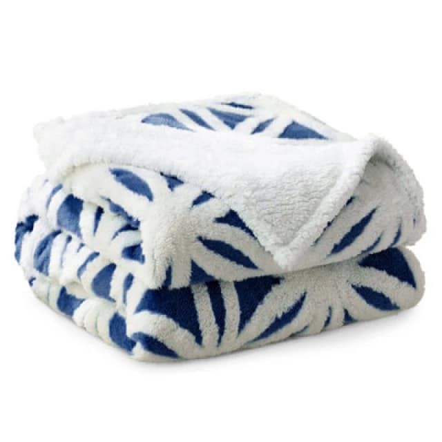 Velosso Thermal Soft Jacquard Sherpa Backed Throw Blanket For Sofa, Bed, Couch - 127Cm X 152Cm - Navy