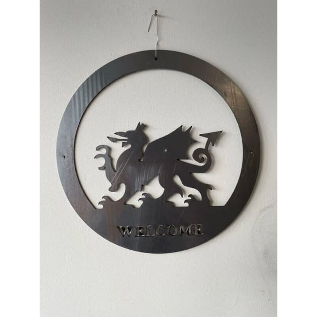 Welsh Dragon Wall Art - Small With Text - Steel - W29.5 x H29.5cm - Bare Metal/Ready to Rust PoppyWelshDrgnWlcmsml295MmWA27R