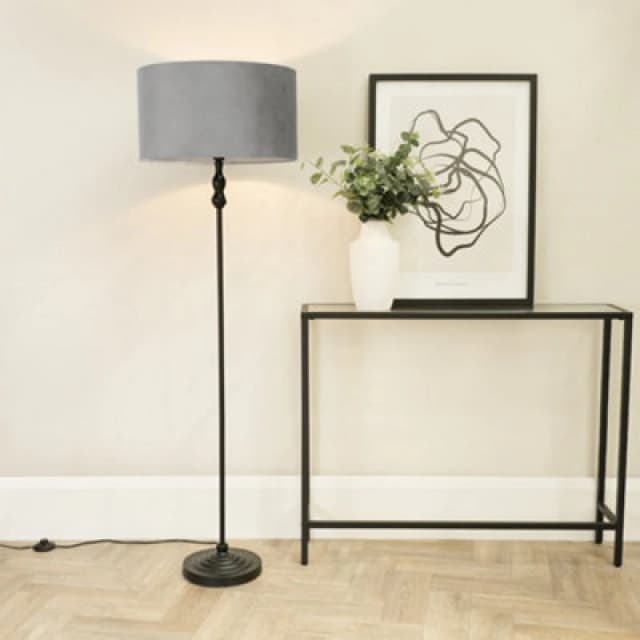 ValueLights Maggie Black Metal Candlestick Floor Lamp with Velvet Lamp Shade Grey