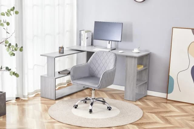 KOSY KOALA KOSY KOALA Grey Office Desk L-shaped with Grey Velvet Upholstered Chair Wooden Room Furniture Grey One Size Unisex 5061055341758