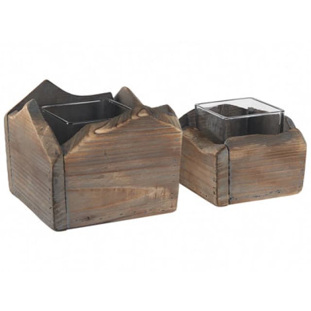Beliani Set Of 2 Candle Holders Plateros Fir Wood 15/12cm Dark Brown