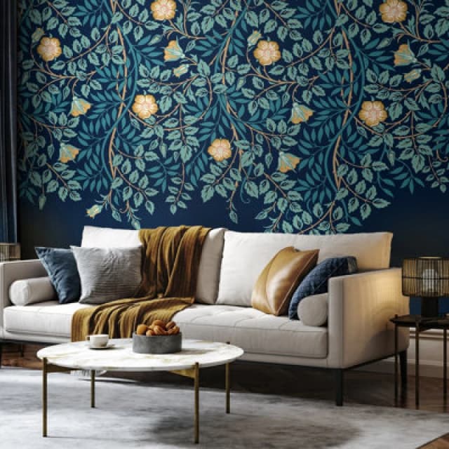 Origin Murals Cascading Rosehip - Indigo And Teal Matt Smooth Paste The Wall Mural 350Cm Wide X 280Cm High