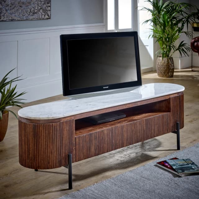 Indian Hub Opal Mango Wood Large TV Stand With Marble Top & Metal Legs
