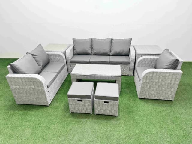 Fimous Patio PE Wicker 8 Seater Outdoor Rattan Furniture Sofa Sets with Oblong Coffee Table Reclining Chair Loveseat Sofa 3 Seater Sofa Stool 2 Side T