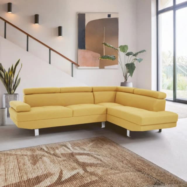 Orsina Contemporary Ochre Linen Corner Sofa, Velvet Upholstered Mid Century Sofa, Refined Sofa For Livingroom