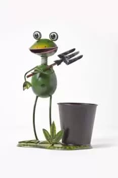 Metal Frog with Garden Fork and Flower Pot, 28cm Tall