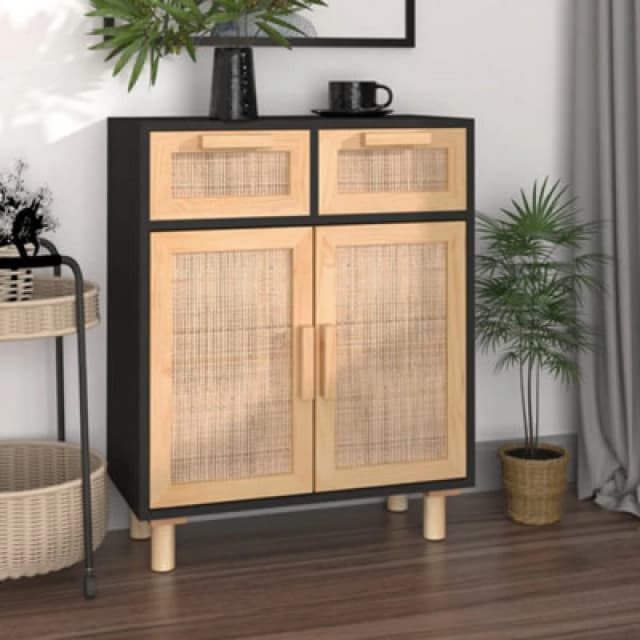 Vidaxl Sideboard Black 60X30X75cm Solid Wood Pine And Natural Rattan