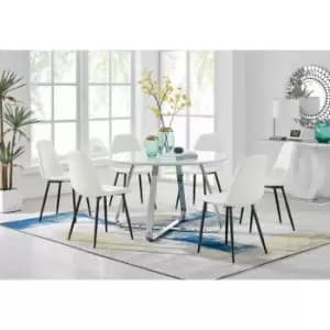 Furniture Box Santorini White Round Dining Table and 6 White Corona Black Leg Chairs
