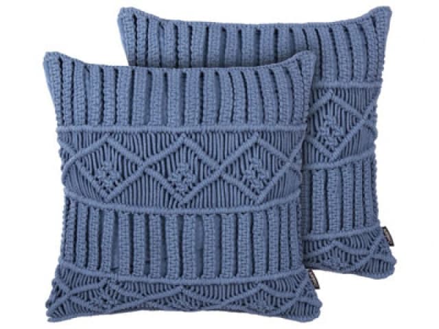 Beliani Set Of 2 Decorative Cushions Karatas Cotton 45 X 45cm Blue Geometric Pattern