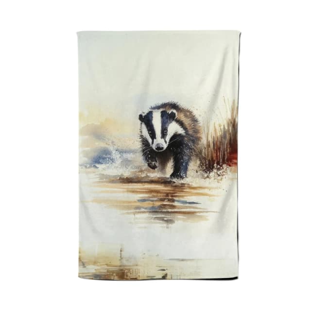 Warren Reed - Designer Wading Badger Watercolour Tea Towel in Brown Brown Unisex