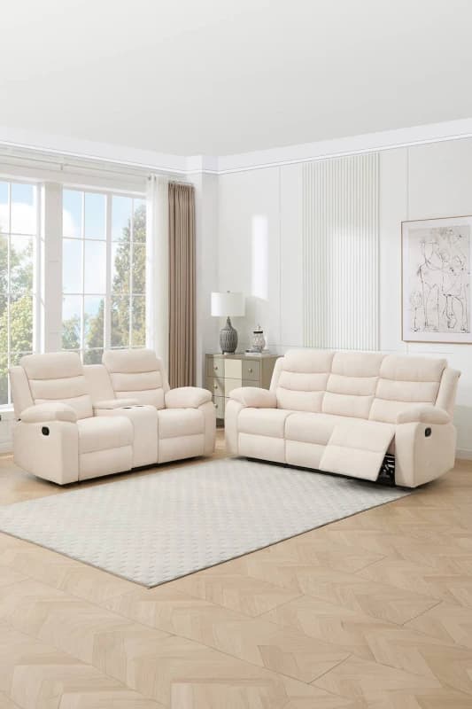 More4Homes Boston Manual Recliner Fabric 2+3 Seater Sofa Set W Drinks Console (Beige)