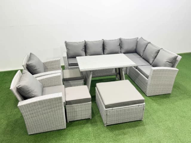 Fimous 11 Seater Garden Outdoor Rattan Furniture Set Rattan Corner Sofa Oblong Dining Table With 2 Armchairs 3 Footstools