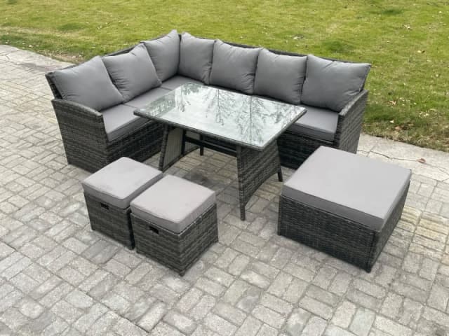 Fimous Wicker Rattan Garden Furniture Corner Sofa Set with Oblong Dining Table 9 Seater Outdoor Rattan Set Dark Grey