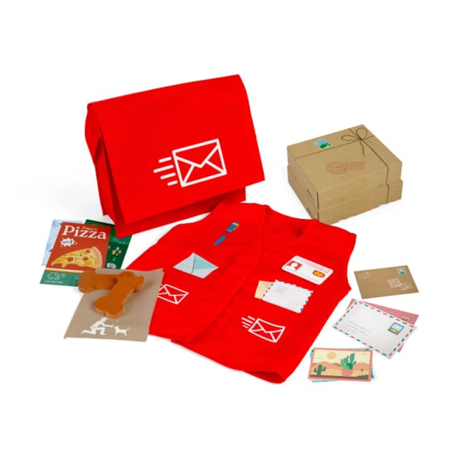 Bigjigs Toys Mail Carrier Dress Up Set - Postie Fancy Dress Costume For Children, Red 37054