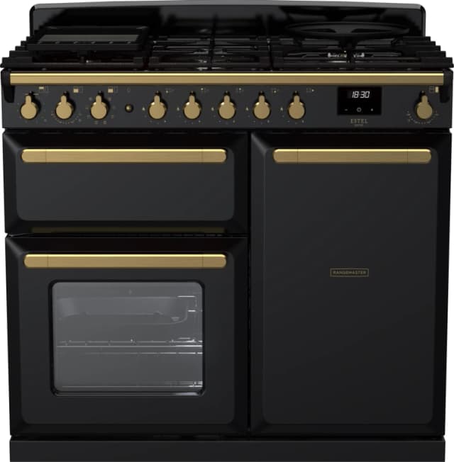 Rangemaster Estel Deluxe ESDL100DFPGBL/AB1 100cm Dual Fuel Range Cooker - Black / Antique Brass - A/A Rated