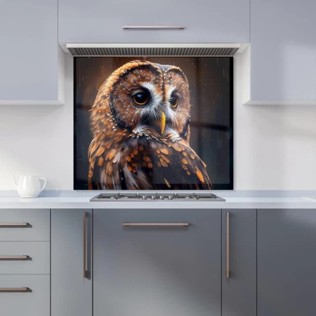 Warren Reed - Designer Tawny Owl Face Splashart Dark Background Kitchen Splashback in Brown Size: 600mm x 750mm Brown Unisex 600mm x 750mm
