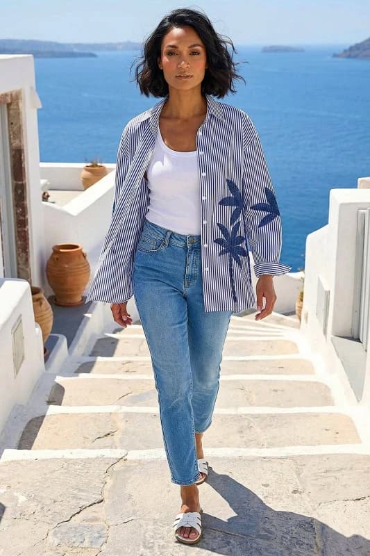 Dusk Womens Palm Embroidered Shirt in Navy Size: Large Navy Female L