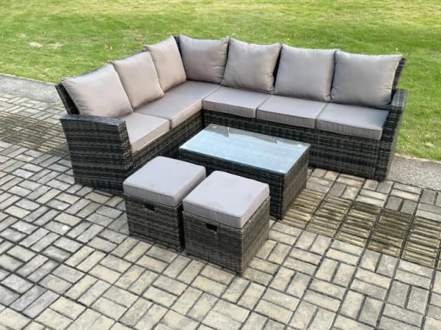 Fimous 8 Seater Outdoor Furniture Garden Dining Set Rattan Corner Sofa Set with Rectangular Coffee Table 2 Small Footstools Dark Grey