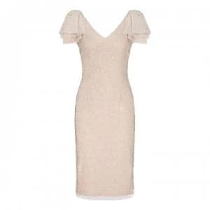 Adrianna Papell Beaded V Neck Dress - ALMOND CREAM