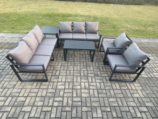 Fimous Aluminium 6 Pieces Garden Furniture Set with Cushions 8 Seater Outdoor Patio Lounge Sofa Set with 2 Armchairs Side Table Dark Grey Dark Grey Un