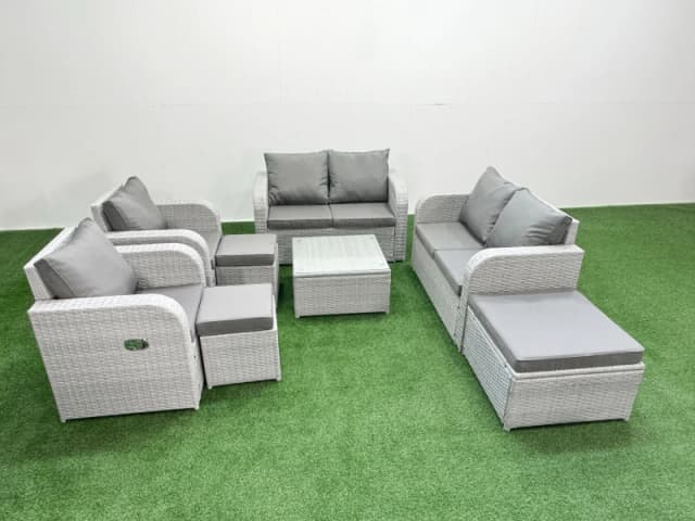 Fimous 9 Seater Outdoor Reclining Chair Love Sofa Set Rattan Garden Furniture Set with Square Coffee Table 3 Stools Light Grey Light Grey